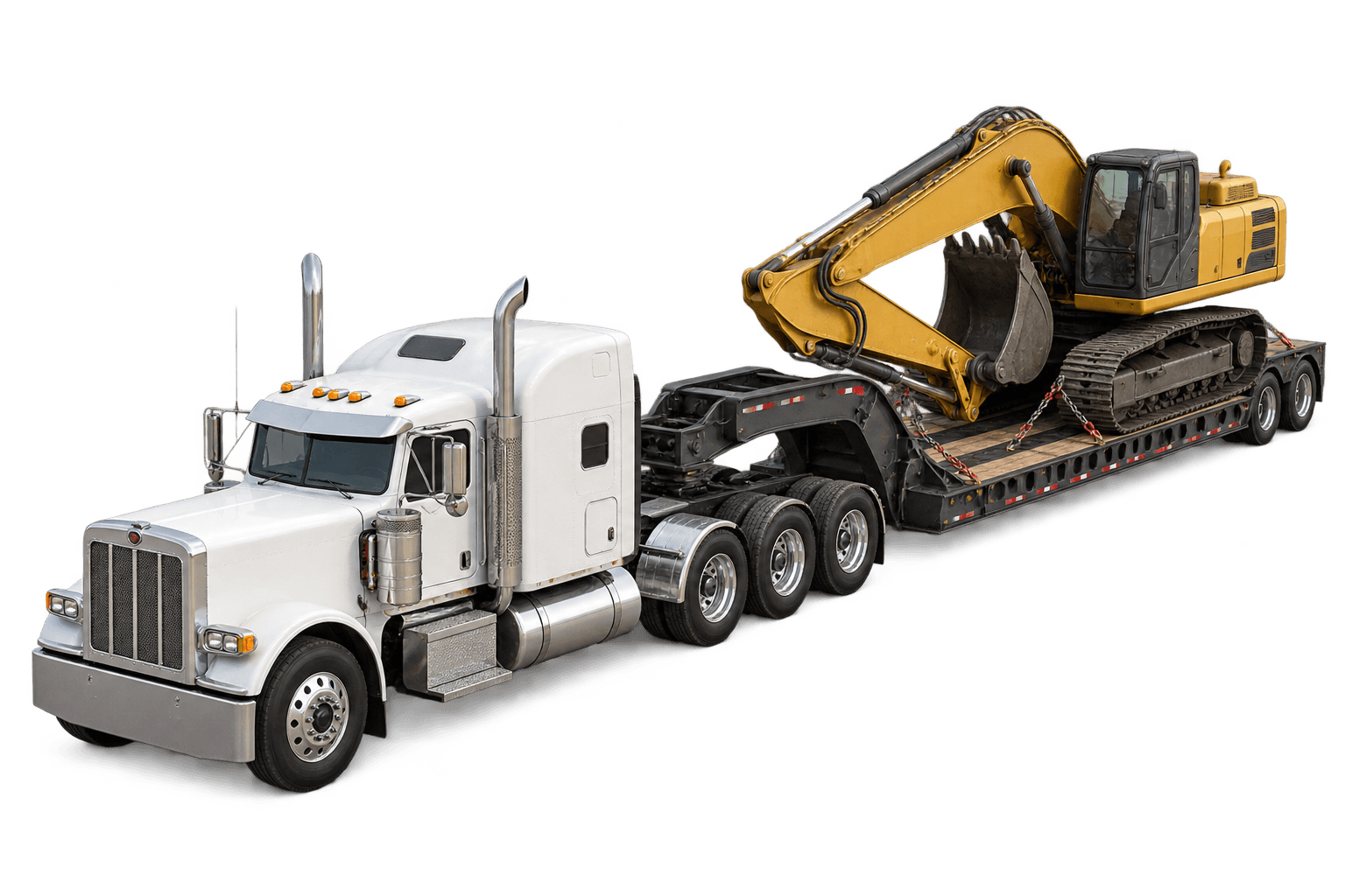 Illustration of a white tractor hauling a yellow excavator on a lowboy trailer.