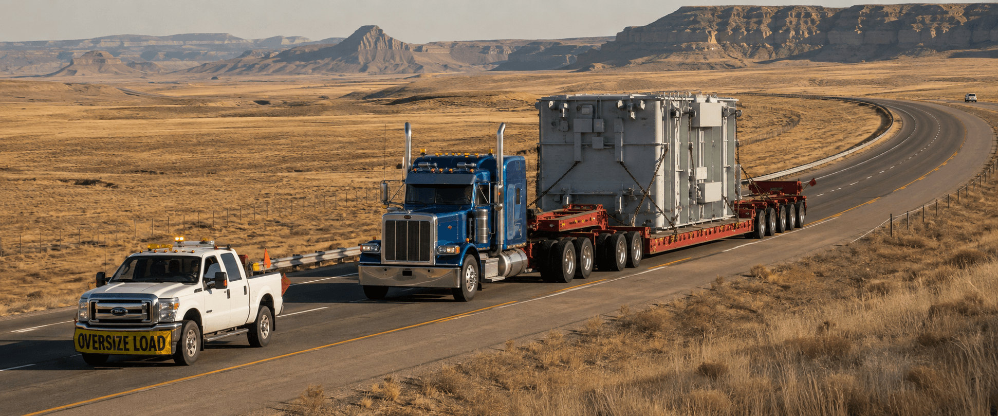 Oversize transformer convoy with a pilot vehicle