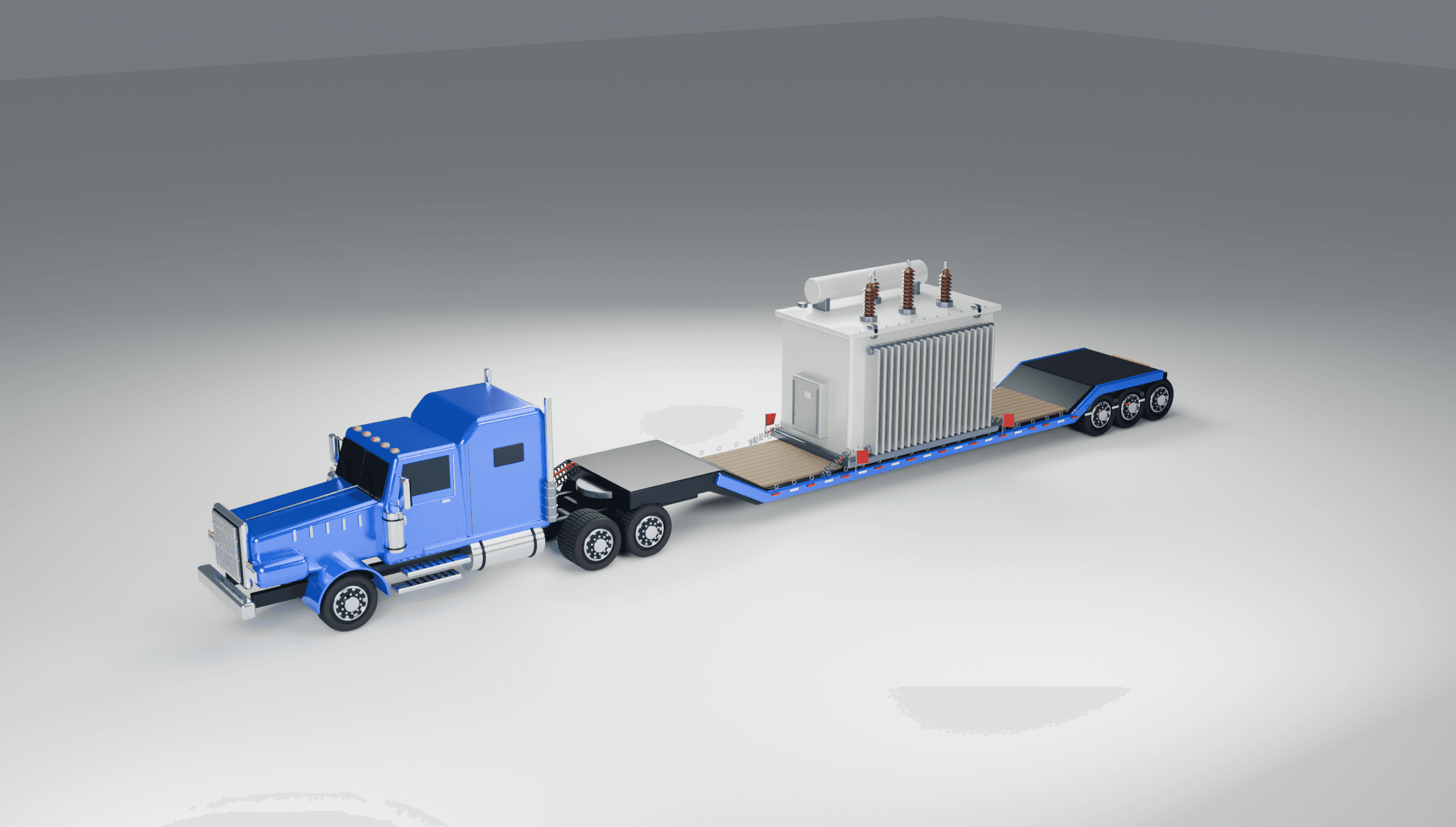Front view of a modeled tractor, lowboy and transformer with width annotation derived from this camera’s projection
