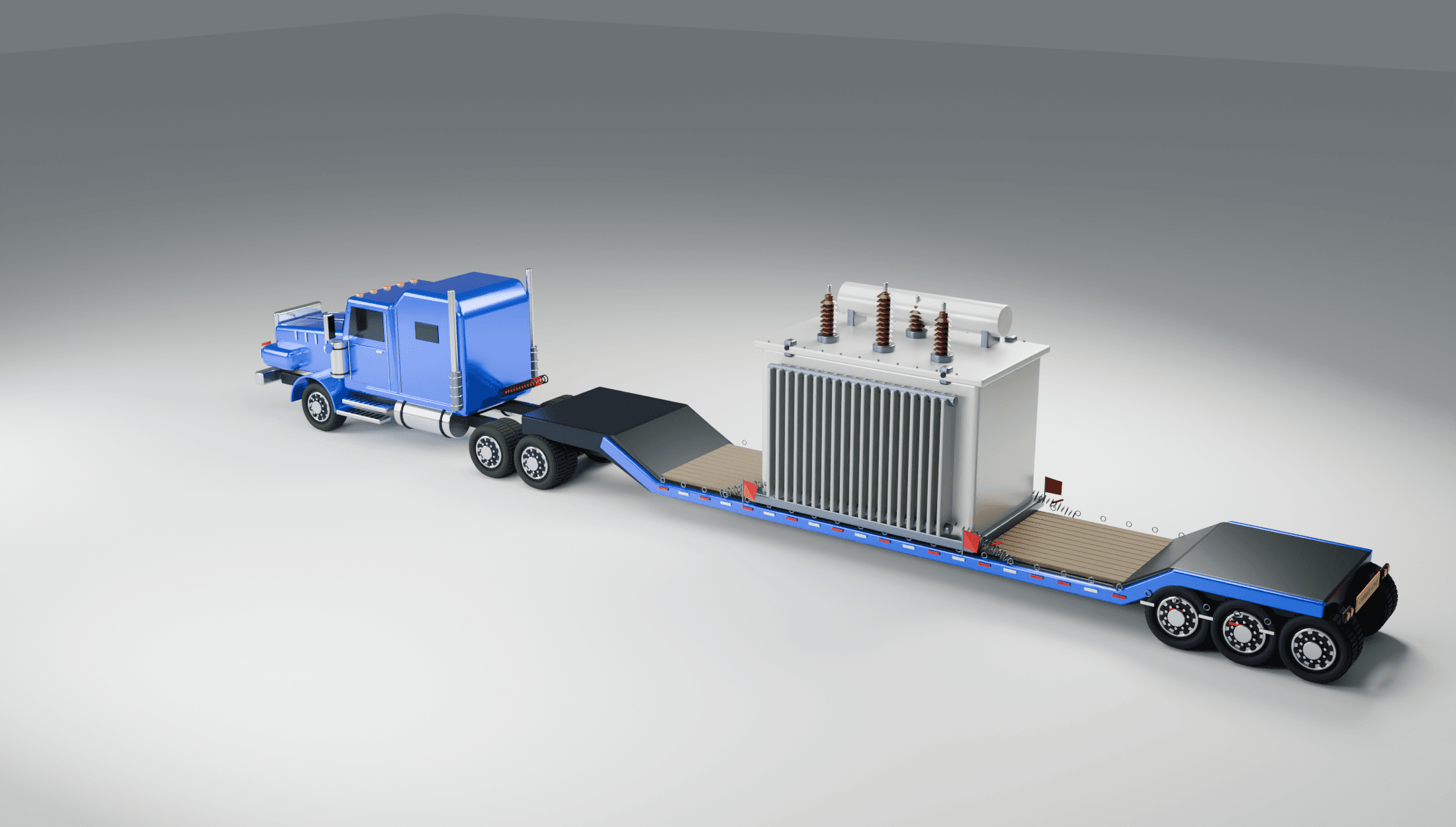 Rear view of a modeled tractor, lowboy and transformer with width annotation derived from this camera’s projection