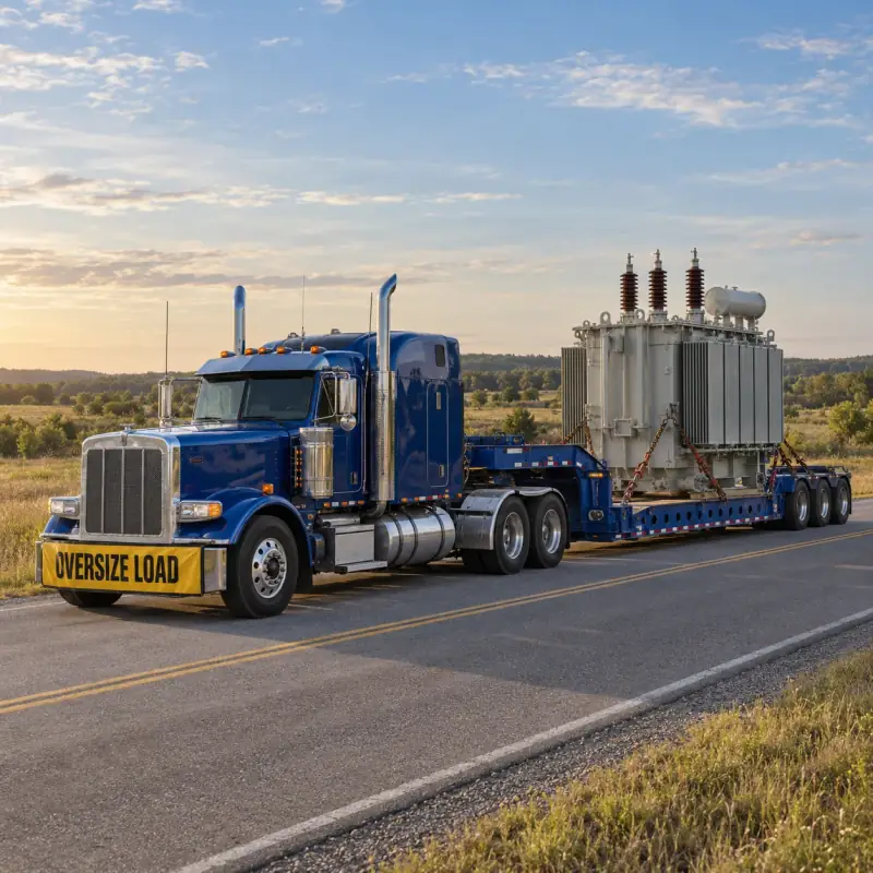 AI-generated illustration of a cobalt heavy-haul tractor and lowboy carrying an electrical transformer.